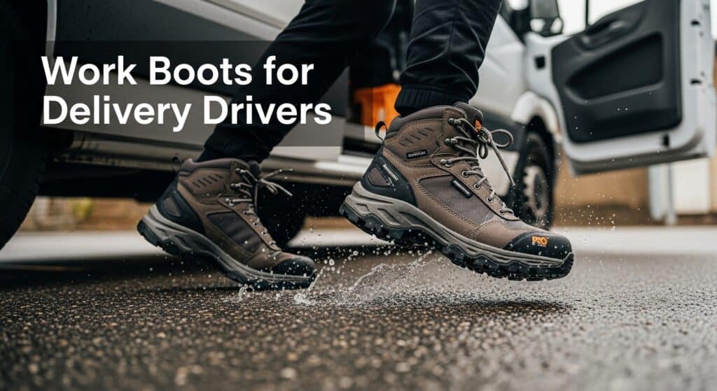 Delivery driver stepping out in waterproof work boots.
