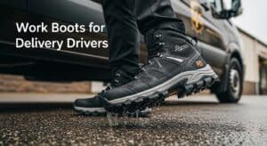 Durable work boots for delivery drivers in wet conditions.