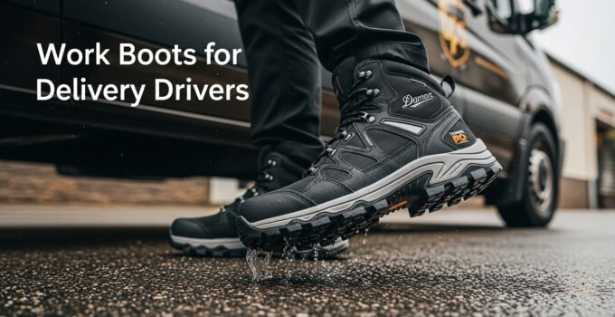 Durable work boots for delivery drivers in wet conditions.