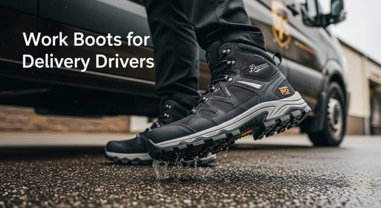 Durable work boots for delivery drivers in wet conditions.