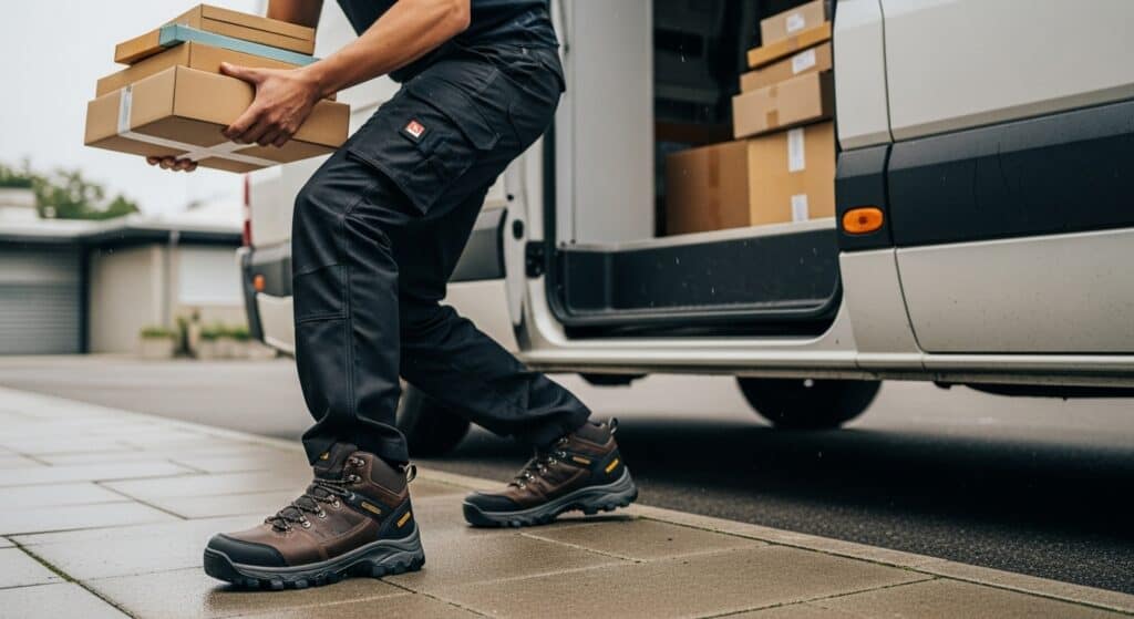 Courier delivering packages from van to doorstep.