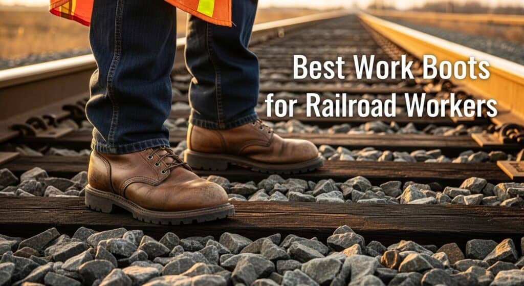 Railroad worker wearing durable work boots on tracks.