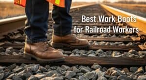 Railroad worker wearing durable work boots on tracks.
