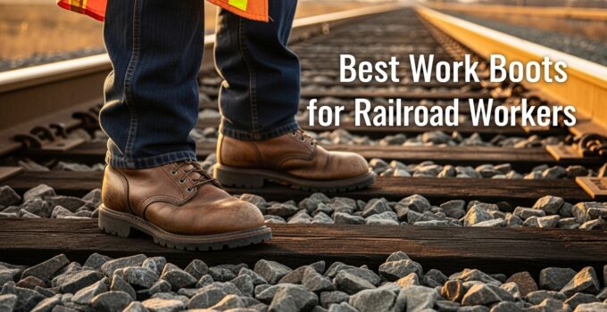 Railroad worker wearing durable work boots on tracks.