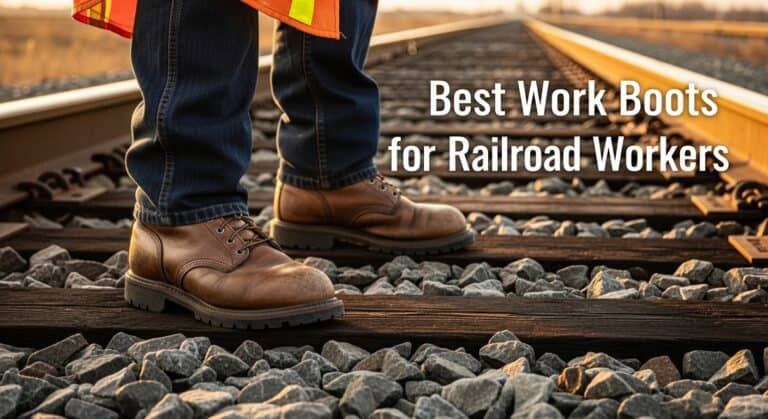 Railroad worker wearing durable work boots on tracks.