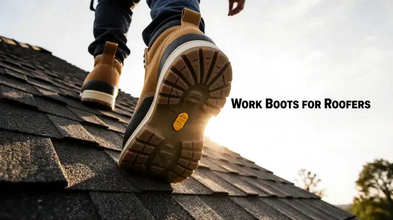 Rugged work boots on rooftop for roofers.