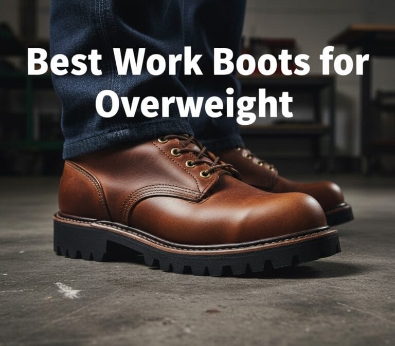A man wearing a pair of the most comfortable work shoes for heavy men, standing on a concrete floor
