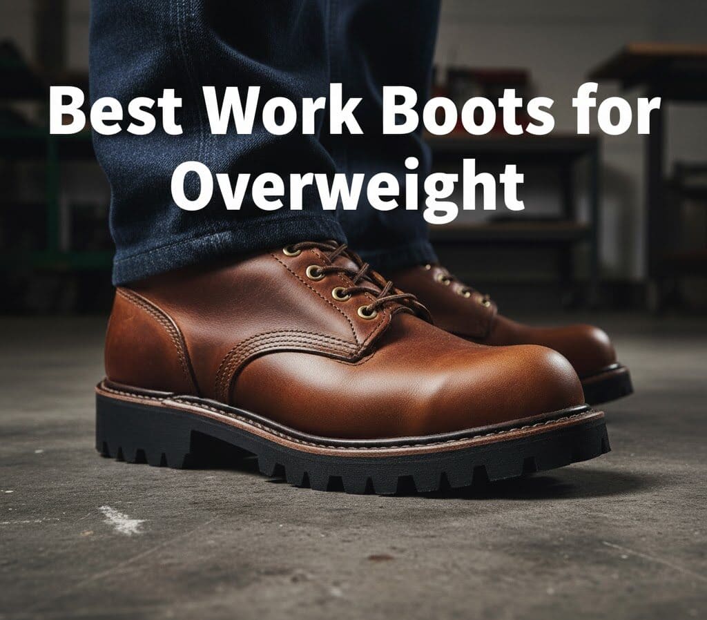 A man wearing a pair of the most comfortable work shoes for heavy men, standing on a concrete floor