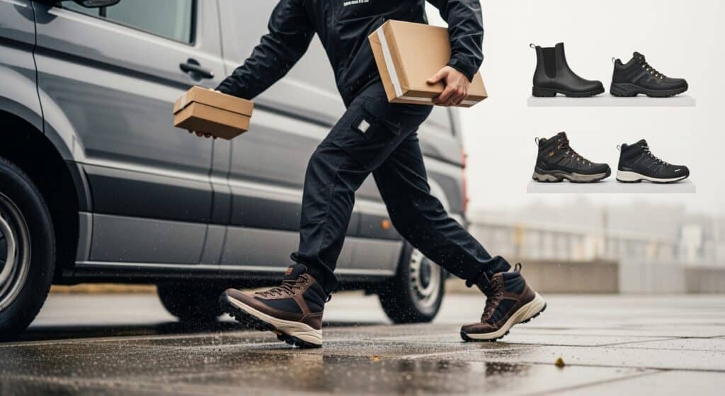 Delivery worker wearing waterproof boots in rain.