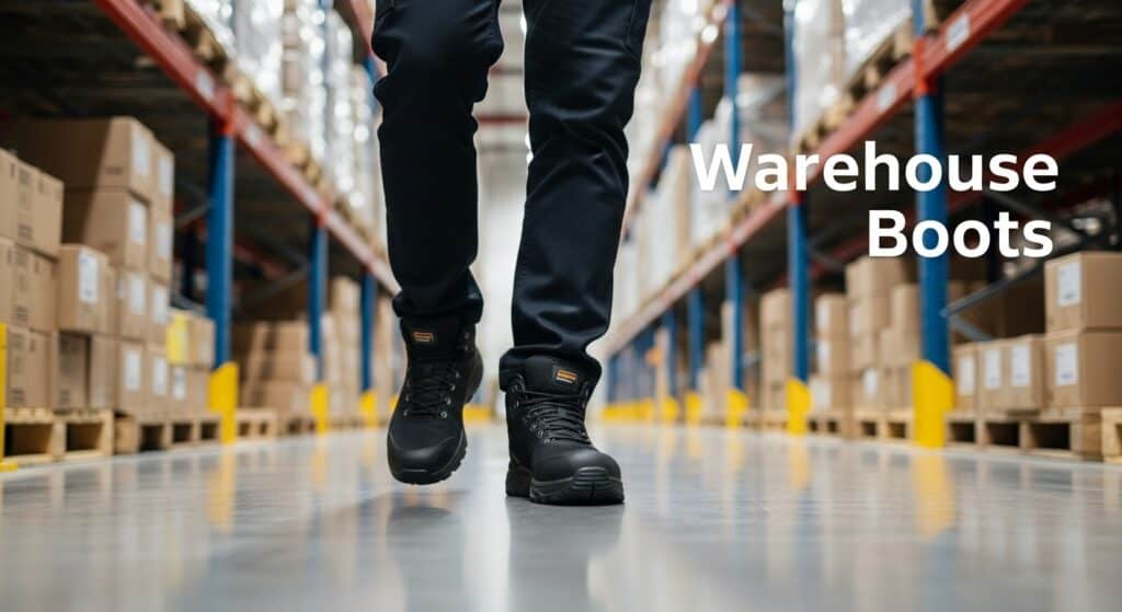 Warehouse worker walking in lightweight safety boots among boxes.