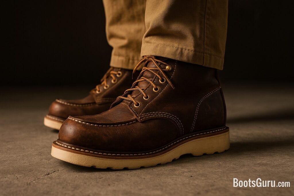 A man wearing a pair of the most comfortable work shoes for heavy men, standing on a concrete floor.