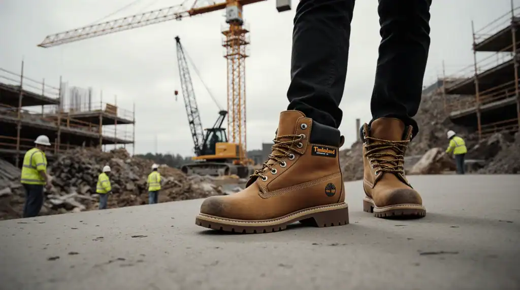 Construction site with Timberland boots and cranes.