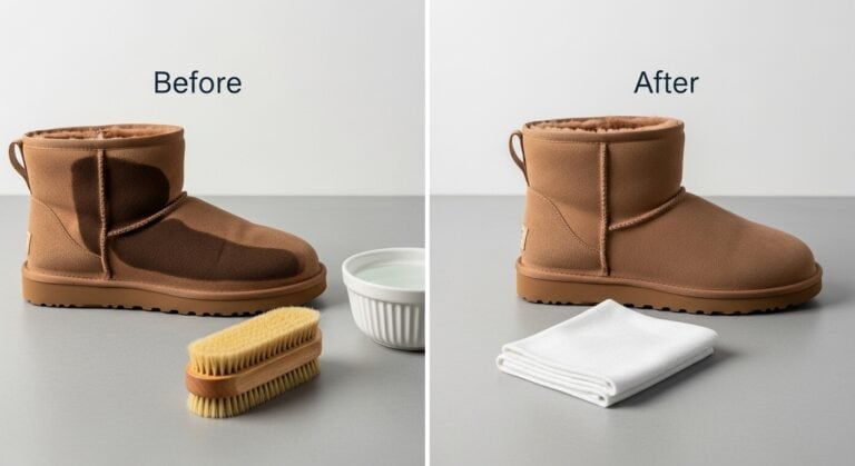 Before and after cleaning brown boots comparison.