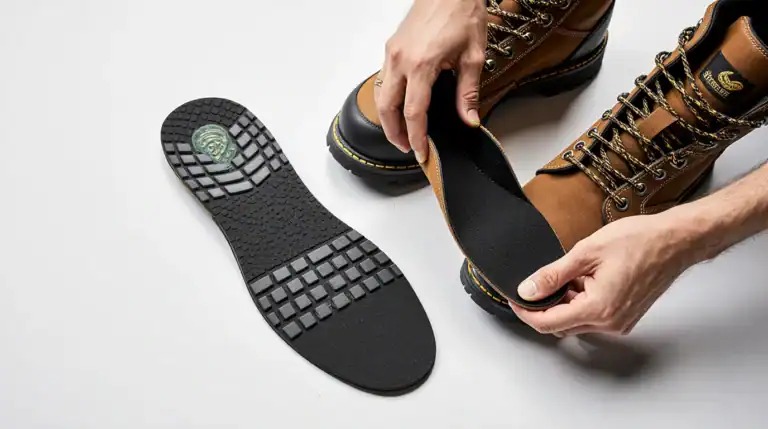 Inserting insole into brown hiking boot.