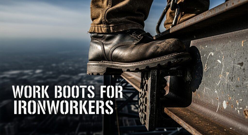 Ironworker using durable boots for safety on a beam.