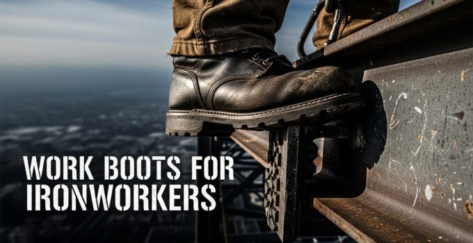 Ironworker using durable boots for safety on a beam.