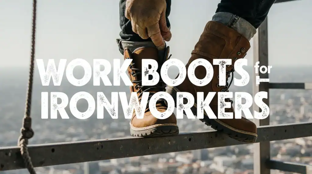 Ironworker balancing on beam wearing protective boots.