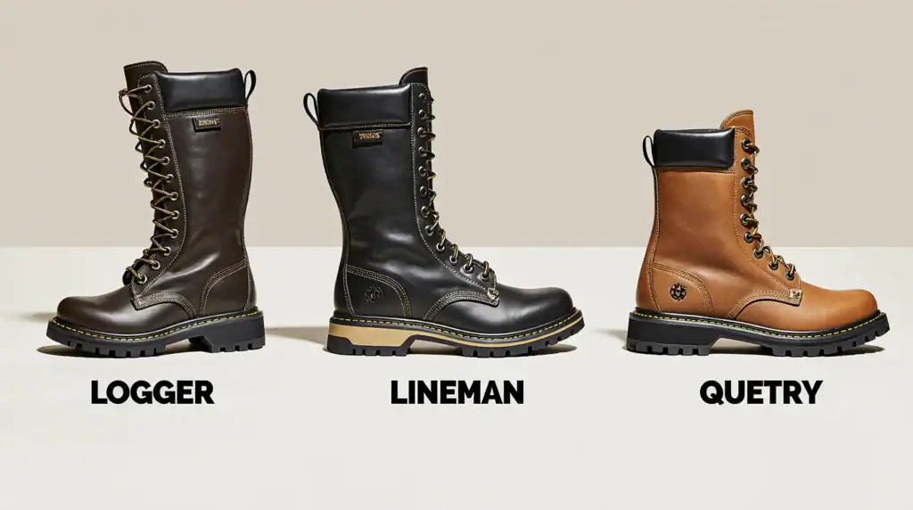 Logger, lineman, and quetry work boots on beige background.