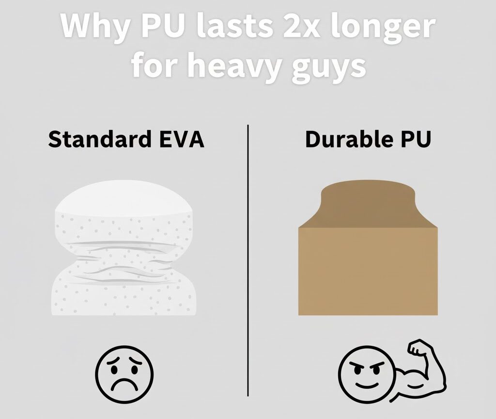 A diagram showing how durable PU cushioning is better than EVA for supportive work shoes for heavy men