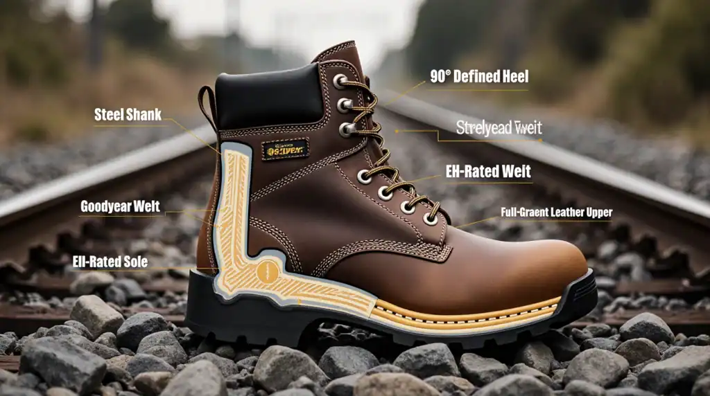 Durable work boot with detailed construction features highlighted.