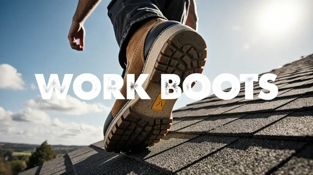 Man walking on roof wearing work boots.