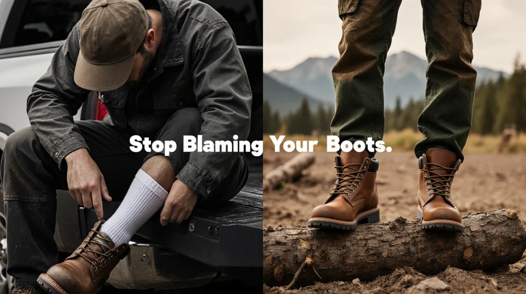Man adjusting boots in outdoor setting.