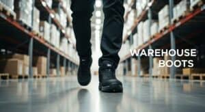 Worker wearing sturdy warehouse boots on polished floor.