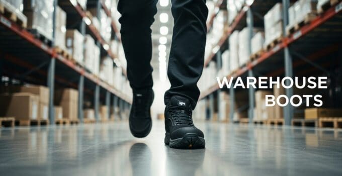 Worker wearing sturdy warehouse boots on polished floor.