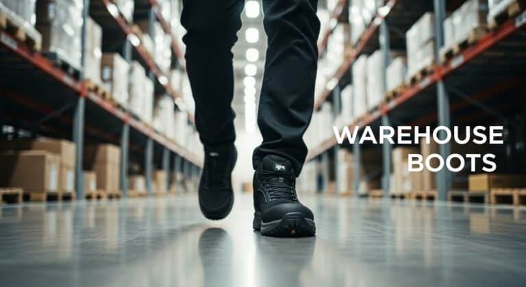 Worker wearing sturdy warehouse boots on polished floor.