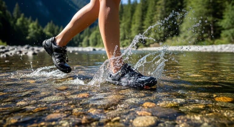 Person walking through a clear, rocky stream.