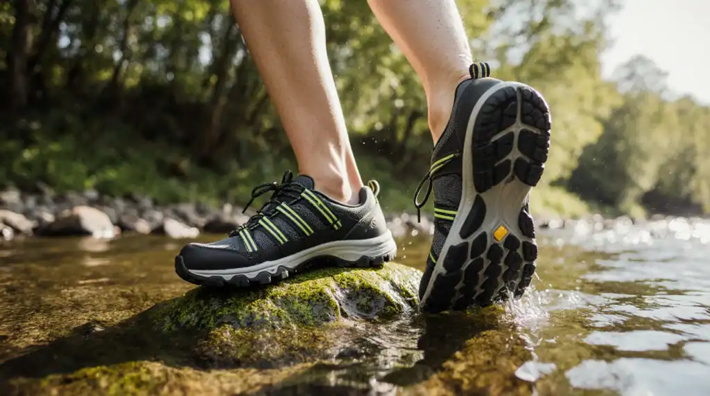 Feet in water hiking shoes stepping on wet rocks.