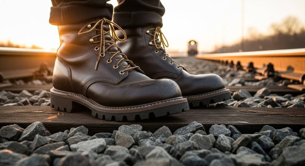 Brown work boots on rocky railroad tracks at sunset.