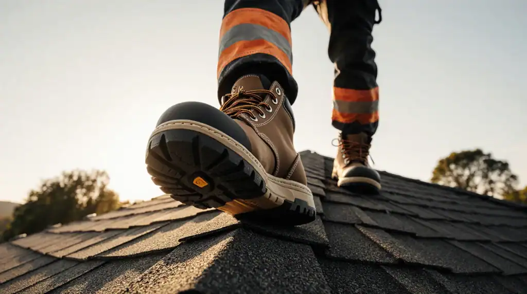 Worker in safety boots walking on shingled roof.