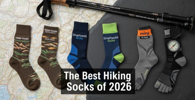 Various hiking socks displayed on a map.
