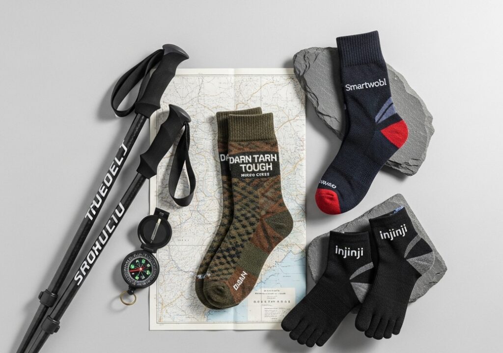 Outdoor socks, trekking poles, and a compass.