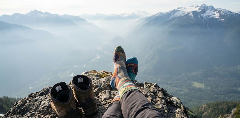 Feet resting on a rock with mountains in background.