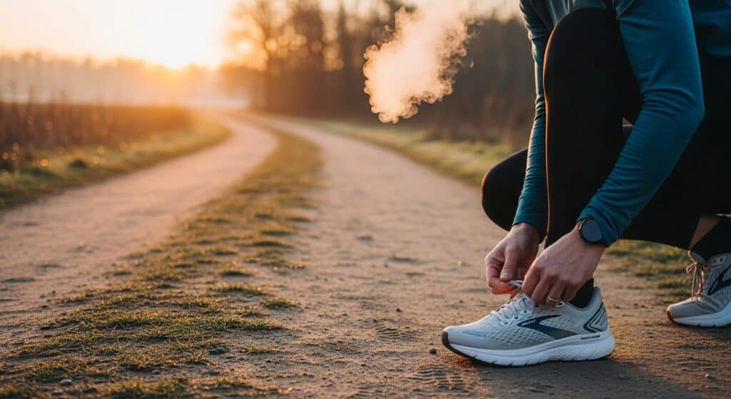 Runner tying shoes on misty morning trail.