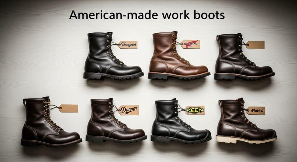 A collection of American-made work boots on a wooden surface.