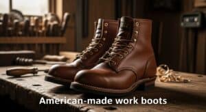 Brown leather work boots on rustic table.