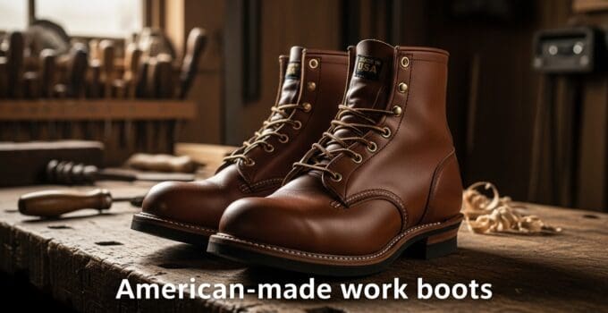 Brown leather work boots on rustic table.