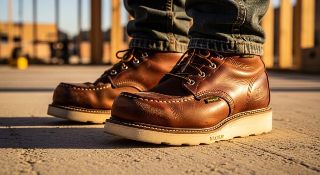Close-up of brown leather work boots on concrete surface.