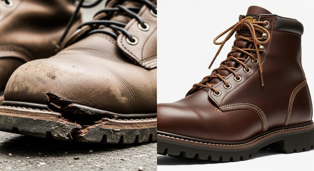 Comparison of worn and new brown leather boots.
