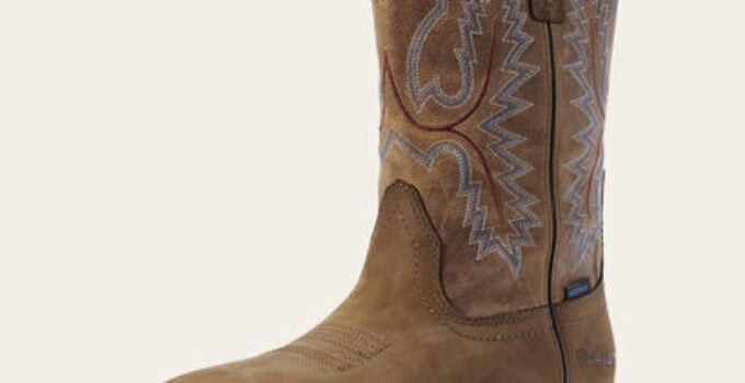 Brown leather cowboy work boot with decorative stitching.
