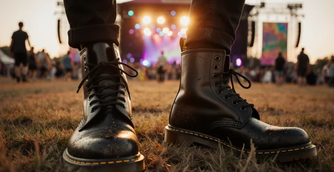 Close-up of black boots at outdoor concert