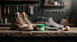 Close-up of rugged work boots, shoe polish, socks, and shoehorn on a wooden workbench with tools in background.