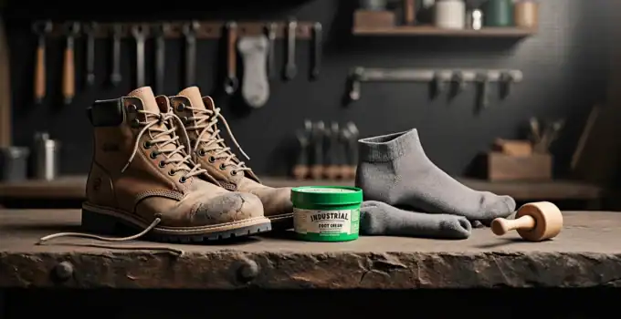 Close-up of rugged work boots, shoe polish, socks, and shoehorn on a wooden workbench with tools in background.