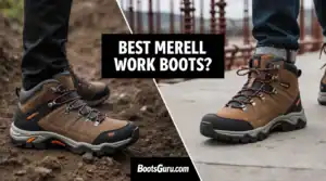 High-quality Merrell work boots with waterproof leather, steel toe protection, and slip-resistant rubber soles designed for demanding work sites.