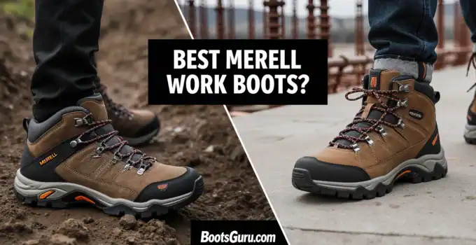 High-quality Merrell work boots with waterproof leather, steel toe protection, and slip-resistant rubber soles designed for demanding work sites.