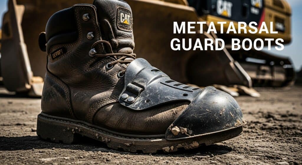Protective work boot with metatarsal guard on site.