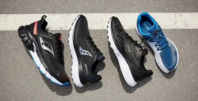 Running shoes displayed on asphalt for performance comparison.